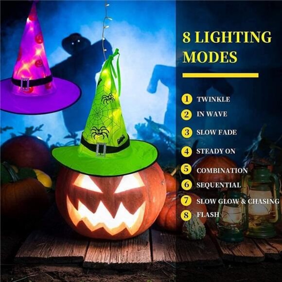 Halloween Decorations Lighted Witch Hats, 8Pcs Hanging Glowing Witch Hats 44ft - Picture 5 of 8